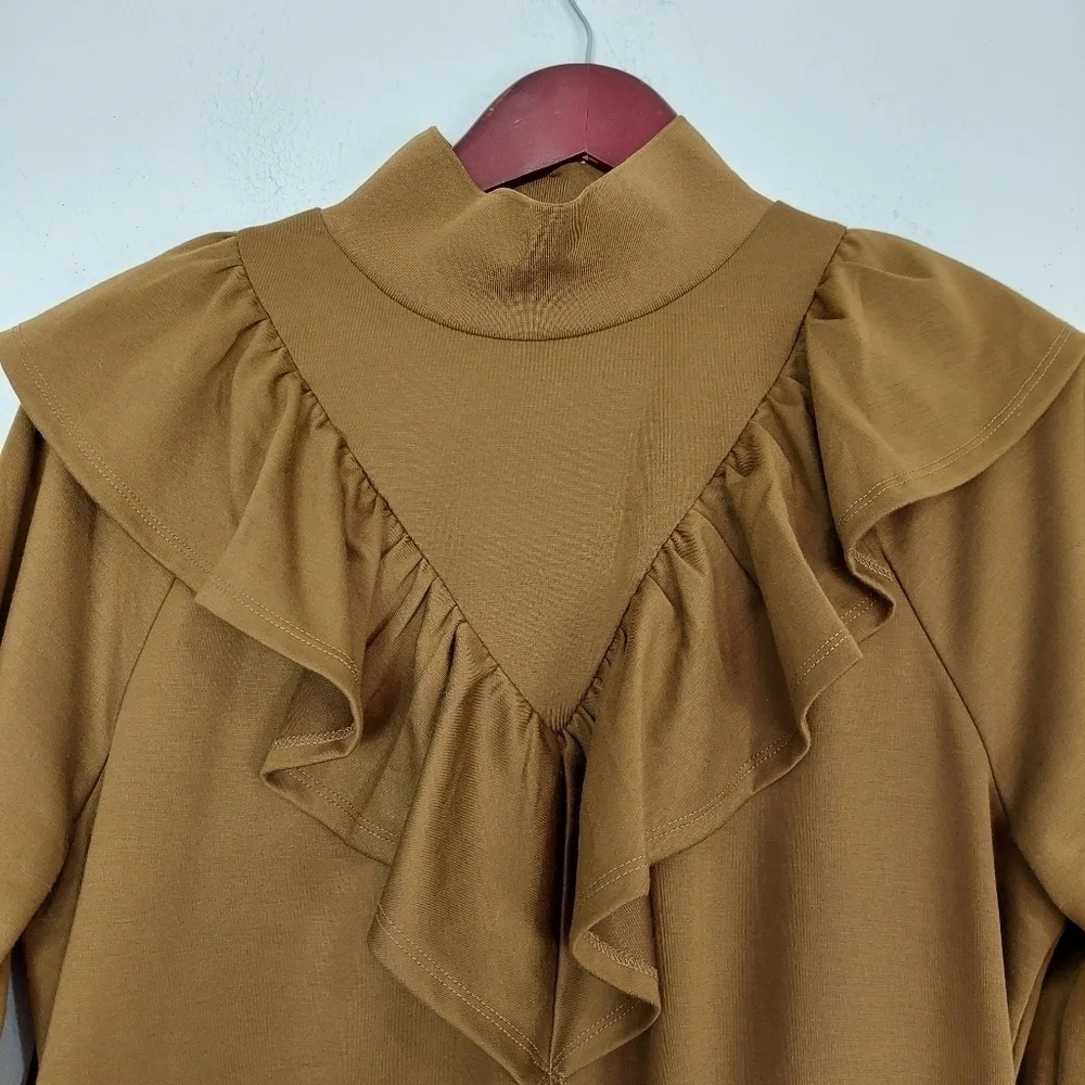 Who What‎ Wear Mock Ruffled Neck Sheath Long Sleeve Dress Brown  Pockets Size M